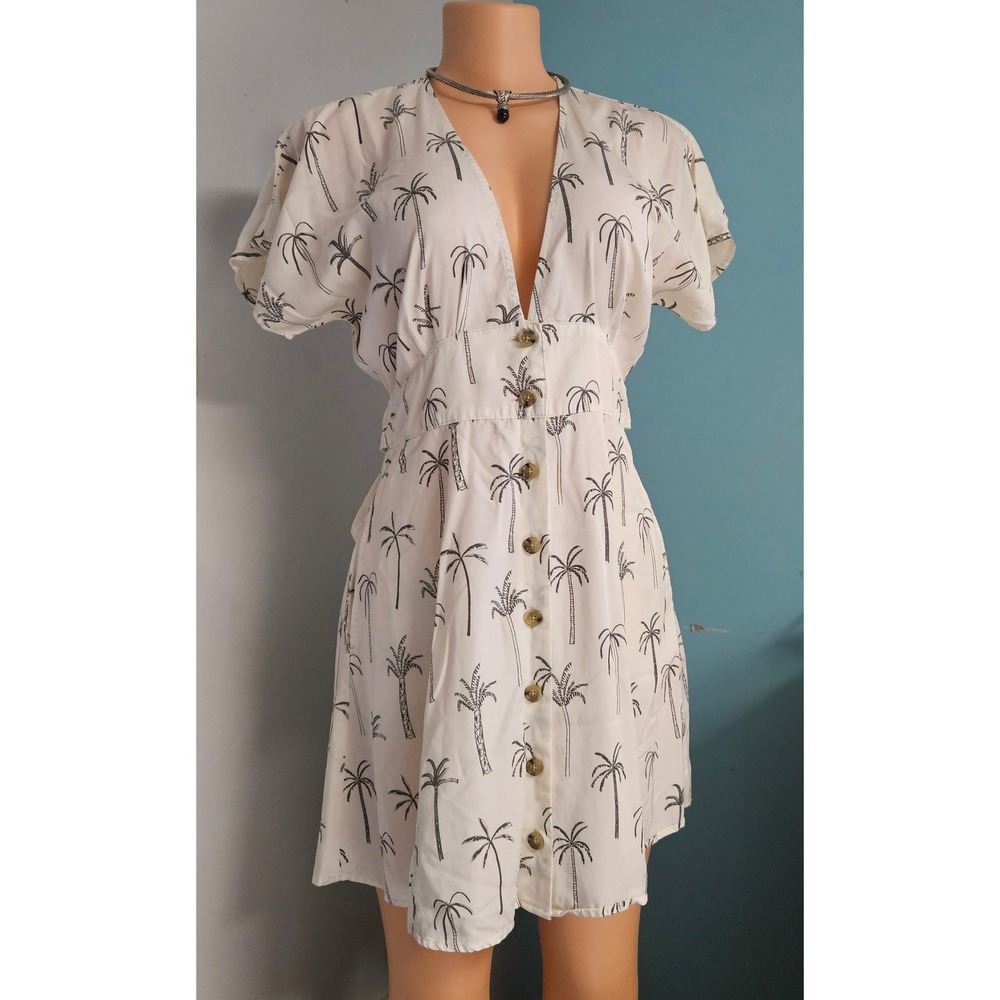 Marine Layer Palm Tree Print Button Front Dress Womens Small Cream Tropical Mini